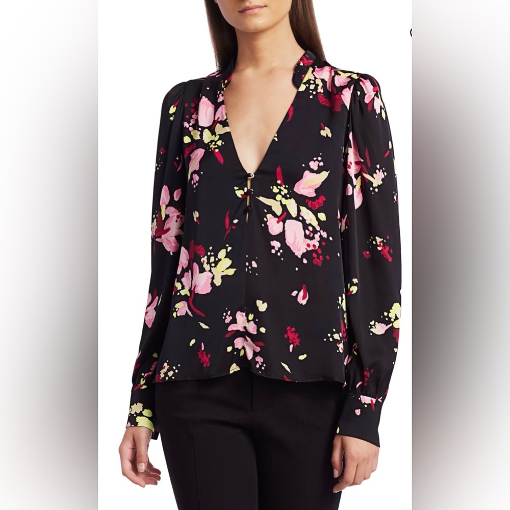 A.L.C. Rivera silk floral blouse in black and pink. - Picture 3 of 9